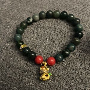 Green jade and red chalcedony bracelet with fox charm